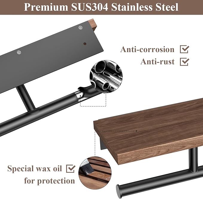 Tindbea Double Toilet Paper Holder with Wood Shelf, Wooden Wall Mount Toilet Paper Roll Holder, Matte Black Stainless Steel Bathroom Toilet Tissue Holder (Walnut)