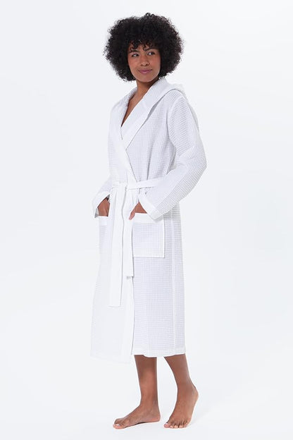 Women’s Luxury Waffle Shawl Collar, Hooded Robe w Piping – Lightweight, Long, Ultra Soft Spa Sleepwear Bathrobe