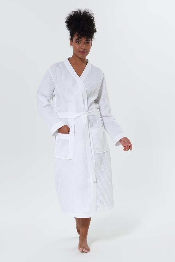 Women’s Luxury Waffle Shawl Collar, Hooded Robe w Piping – Lightweight, Long, Ultra Soft Spa Sleepwear Bathrobe