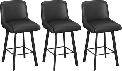 Swivel Bar Stools, 26''H Upholstered Barstools with Backs, Modern Counter Height Bar Stool Chairs for Kitchen Island, Metal Legs (Black- Faux Leather, Set of 3-26" H)