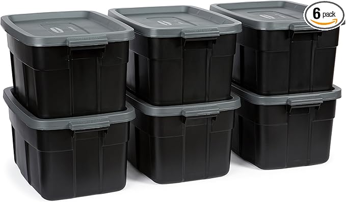 Rubbermaid Roughneck Tote 14 Gal, 6 Pack, Made in USA, Black & Gray, Rugged Plastic Stackable Storage Bins with Lids and Handles