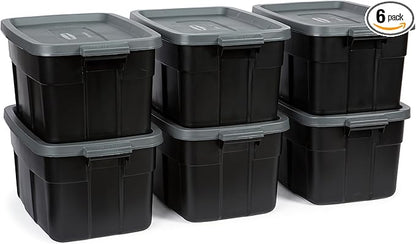 Rubbermaid Roughneck Tote 14 Gal, 6 Pack, Made in USA, Black & Gray, Rugged Plastic Stackable Storage Bins with Lids and Handles