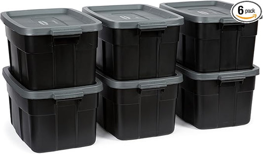 Rubbermaid Roughneck Tote 14 Gal, 6 Pack, Made in USA, Black & Gray, Rugged Plastic Stackable Storage Bins with Lids and Handles