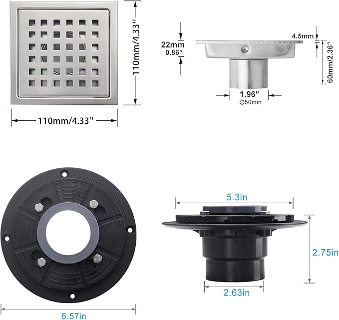 4 Inch Brushed Nickel Shower Floor Drain Square for Bathroom Kitchen Removable Grille Plate Cover with Flange Kit, Sus304 Stainless Steel