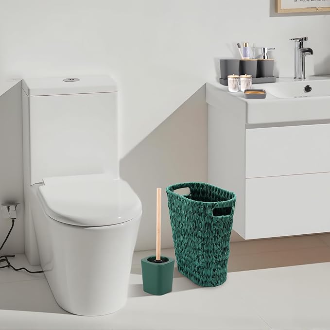 Dark Green Bathroom Accessories Set with Wicker Trash Can Shower Curtain and Rugs,Bathroom Sets Small Waste Basket Bathroom Trash Can for Bedroom Bathroom