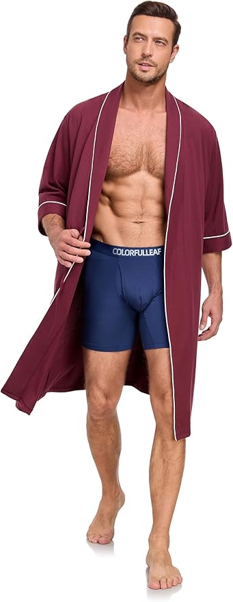 COLORFULLEAF Men's Bathrobes 100% Cotton Soft Comfort Breathable Short Sleeve Summer Kimono Mens Lightweight Robe