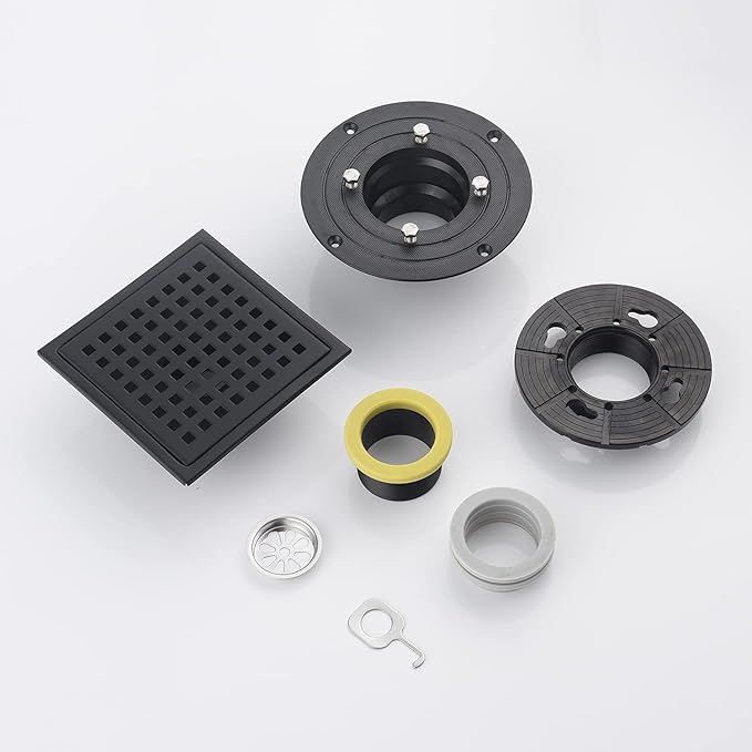 6 Inch Shower Drain Brushed Nickel Square with Adjustable Shower Drain Base Flange SUS304 Stainless Steel Floor Drain Cover Removable Mesh Grille