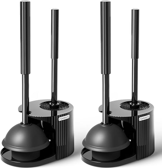 2Pack 2 in 1 Toilet Brush and Plunger Set, Extended Handle Plunger,Toilet Bowl Brush Plunger Set,Bathroom Cleaning Tools,Toilet Brush Plunger Combo,Cleaning Supplies，Bright Black(19.9inch)