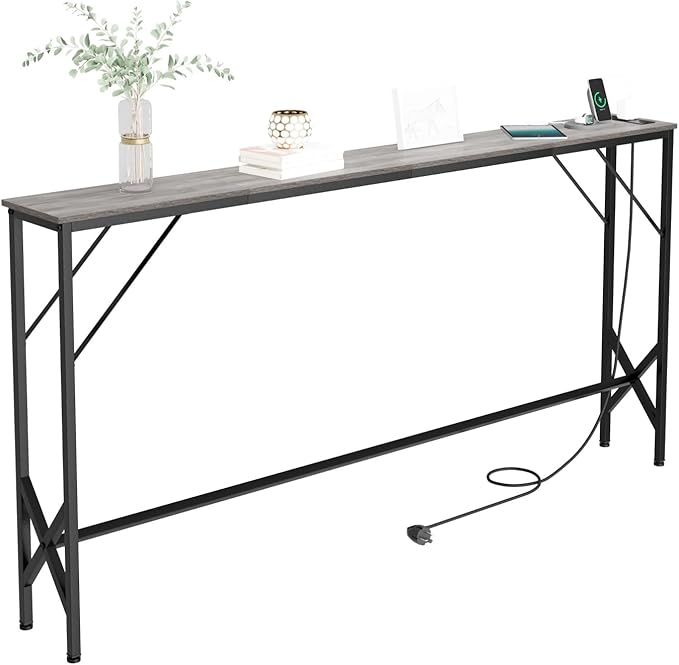 63'' Console Table, Skinny Entryway Table with Fast-Charging Station, Narrow Long Sofa Table, Behind Slim Couch Table for Entrance, Hallway, Living Room Decor ST-GY160-1