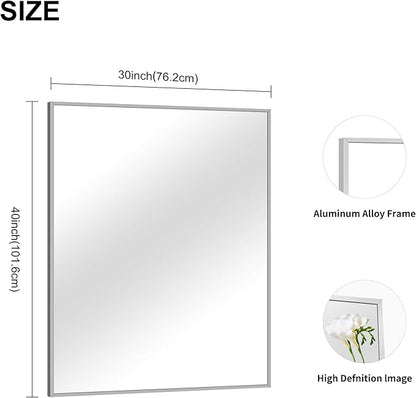 30x40In Silver Bathroom Mirror for Wall, Brushed Nickel Rectangle Mirrors with Metal Frame, Bathroom Rectangular Mirror Modern Wall Mirror for Bedroom Living Room, Hangs Horizontal or Vertical