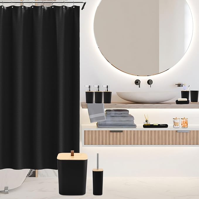 Bathroom Sets with Shower Curtain and Rugs, 27PCS Black Bathroom Accessories Set with Trash Can, Black Shower Curtain Set, No Slip Super Absorbent Bathroom Rugs