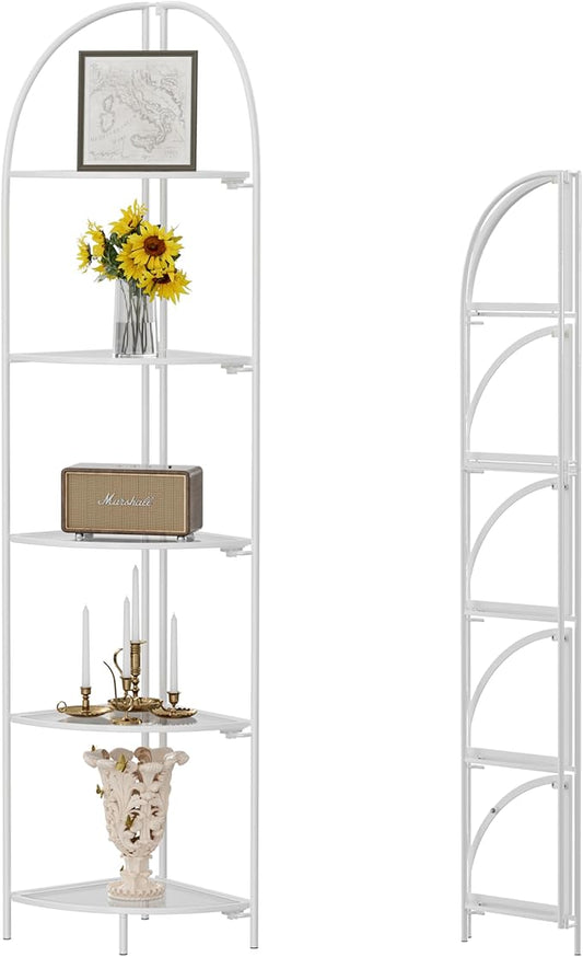 Crofy Foldable 5 Tier Corner Shelf, Metal Corner Plant Stand with White Frame and Transparent Shelves, Corner Display Rack Multipurpose Shelving Unit for Living Room, Bedroom, Bathroom