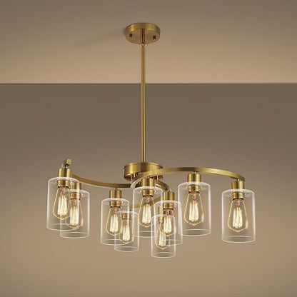 9-Light Gold Glass Chandelier, Adjustable Height Dining Room Light Fixtures Over Table, Contemporary Hanging Chandelier for Kitchen Island Living Room Foyer Office, Clear Glass Shade