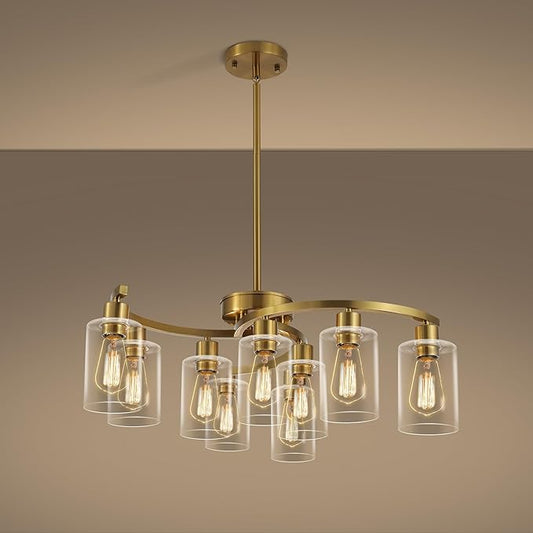 9-Light Gold Glass Chandelier, Adjustable Height Dining Room Light Fixtures Over Table, Contemporary Hanging Chandelier for Kitchen Island Living Room Foyer Office, Clear Glass Shade