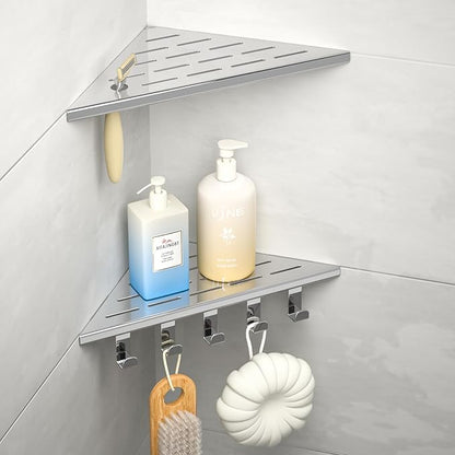 10‘’ Corner Shower Shelf, 304 Stainless Steel Shelves for Bathroom, Grout in Shelf with Hooks for Tiled Wall (Polished)