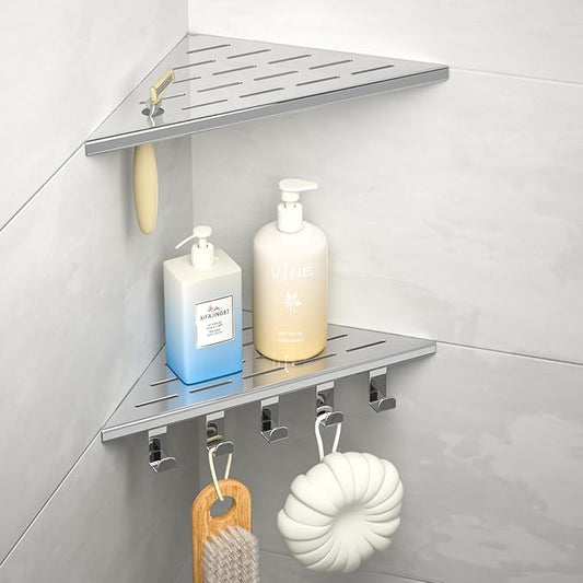 10‘’ Corner Shower Shelf, 304 Stainless Steel Shelves for Bathroom, Grout in Shelf with Hooks for Tiled Wall (Polished)