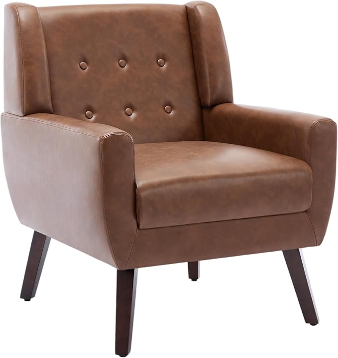 UIXE Faux Leather Accent Chairs Set of 4, Modern Arm Club Chair Upholstered Armchair for Living Room, Comfy Single Sofa Seats Button Tufted Reading Seating, Coffee
