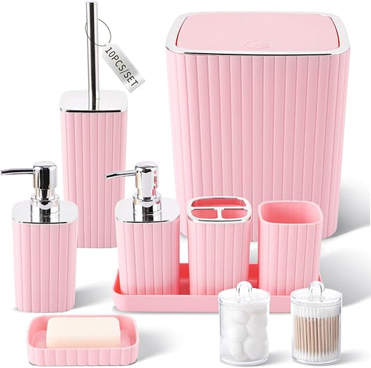 Pink Bathroom Accessories Set - Gorgeous Bathroom Set, 10PC Bathroom Accessory Set, Toilet Brush, Trash Can, Qtip Holder Dispenser & Soap Dispenser