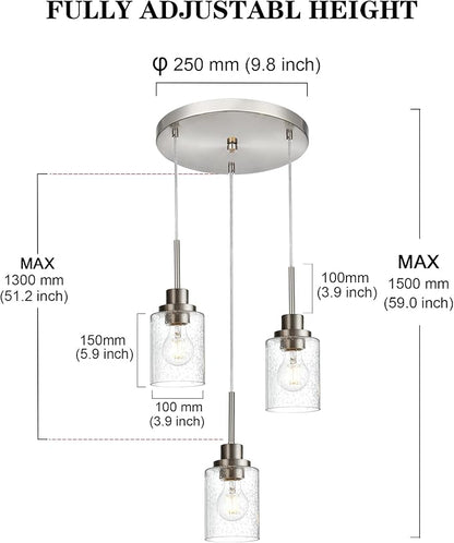 3-Light Contemporary Pendant Lighting with Clear Seeded Glass,Brushed Nickel Dining Room Chandelier Light Fixture Modern Kitchen Island Cluster Hanging Ceiling Pendant Lights for Sink Bar