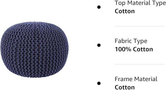 REDEARTH Round Pouf Foot Stool Bean Bag Ottoman - Cable Knitted Cord Boho Pouffe - Poof Accent Bean Bag - Handmade by Artisans for Living Room - Bedroom (19.5"x19.5"x14") - Navy Blue