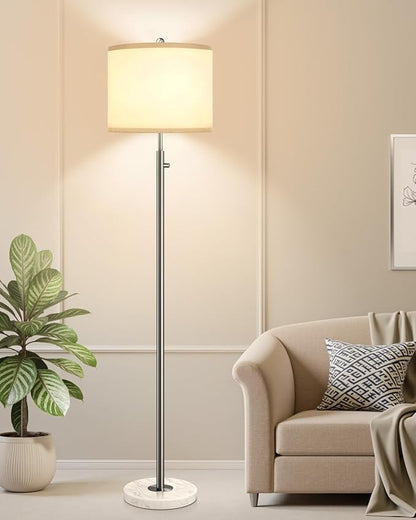 【Upgraded】 Dimmable Floor Lamp for Living Room, 11W LED Bulb Included, Modern Standing Lamp with Marble Base, Tall Pole Light with Linen Shade for Bedroom Reading Office Corner Nursery-Brushed Nickel