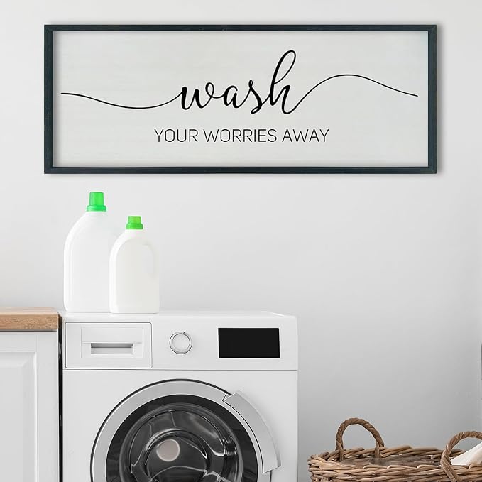 SRSZHIYUE Wash Your Worries Away Bathroom Sign Wall Art 40"x15" Funny Restroom Toilet Large Wood Framed Hanging Decor (Black)