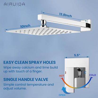 Airuida Shower Faucet Set Bathroom Rain Shower System SUS304 Stainless Steel Single Handle With Male Threads Rough-in Valve Shower Trim Kit 10 Inch Wall Mount Shower Head Chrome Polish