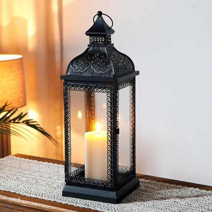 TRIROCKS Rustic Style Metal Candle Lantern 19'' High Decorative Hanging Lantern Candle Holder with Tempered Glass for Christmas Living Room Garden Yard Patio Parties Events Indoors Outdoors(Black)