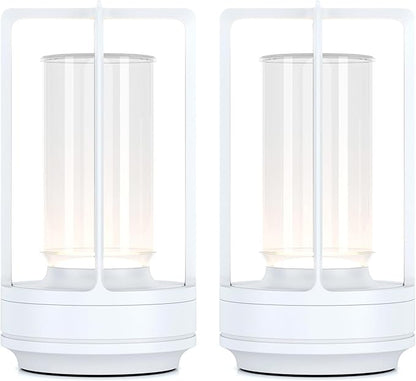 Portable Metal Table Lamp for Indoor/Outdoor ,Rechargeable Cordless LED Lamp, 3-Colour Infinitely Dimming Battery Powered Small Desk Lamp, Restaurant/Bedroom/Bar/Coffee/Camping Light (White Set of 2)