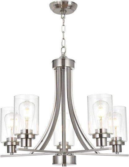 BONLICHT Traditional Chandelier Lighting 5 Light Brushed Nickel Modern Light Fixtures Hanging Pendant Lighting with Clear Glass Shade Classic Ceiling Lights for Kitchen Dining Room Living Room Island