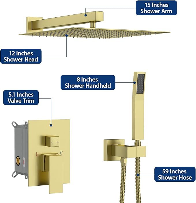 Sarlai Shower System Bathroom Faucet Set Square Rainfall Shower Head and Handle Combo Wall Mounted Shower Faucet with Valve 12 Inch Shower Head Trim Systems Gold Brushed