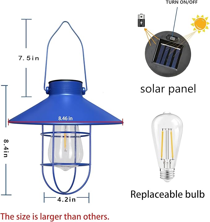 pearlstar Solar Lantern Outdoor Hanging Light Metal Farmhouse Solar Lamp with Warm White Edison Bulb Design for Garden Yard Patio Proch Decor(Blue)