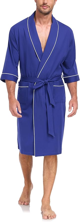 COLORFULLEAF Men's Bathrobes 100% Cotton Soft Comfort Breathable Short Sleeve Summer Kimono Mens Lightweight Robe