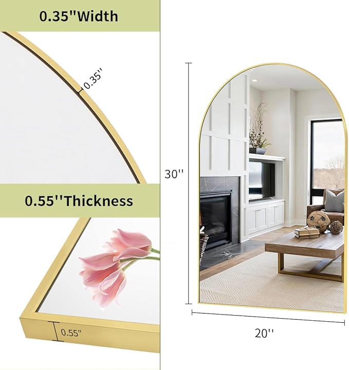 BEAUTYPEAK 20"x30" Arch Bathroom Mirror, Wall Mounted Vanity Metal Frame Mirror for Bedroom, Entryway, Living Room, Gold