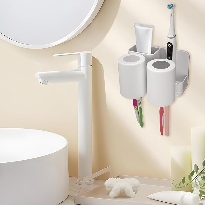 Toothbrush Holders with 2 Mouthwash Cup Wall Mounted for Bathrooms, 2 Slots Bathroom Organizer for Toothpaste, Electric Toothbrush, Razor, Floss, Self Adhesive Toothbrush Hanger Storage for Shower