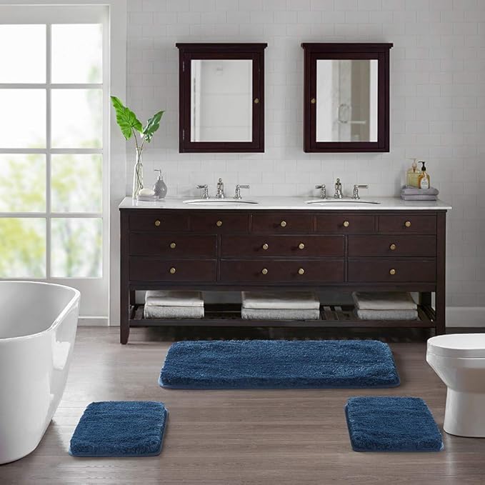 Suchtale Large Navy Shaggy Bathroom Mat (24 x 60) - Extra Soft Machine Washable Microfiber Non Slip Mat With Rubber Back