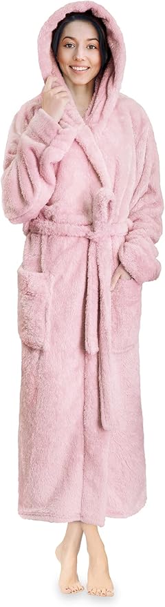 PAVILIA Women Hooded Plush Soft Robe | Fluffy Warm Fleece Sherpa Shaggy Bathrobe