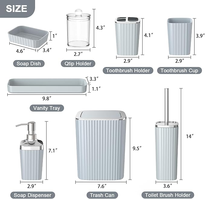 Umimile Grey Bathroom Accessories Set, 9-Piece Bathroom Set with Toothbrush Holder, Toothbrush Cup, Soap Dispenser, Soap Dish, Vanity Tray, Toilet Brush Holder, Qtip Holder and Trash Can