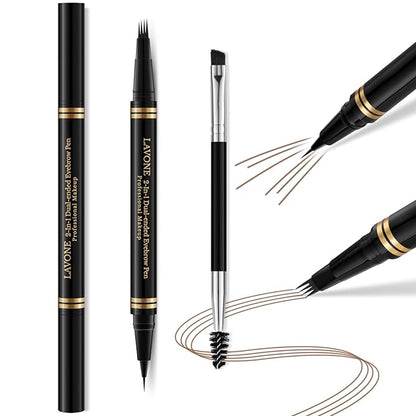 Eyebrow Pen Makeup Kit - 4 Tip Waterproof Microblading Pencil, Eyeliner, Pomade and Dual-ended Brush - Natural Looking Brow Kit - Soft Brown