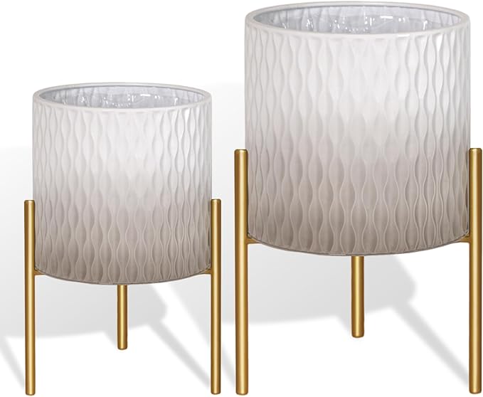 ARNIS Plants Pots with Stand, Set of 2 Indoor Planter Pots, Unique Mid Century Decorative Metal Flower Pots with Drainage,8.25 & 10.5 Inch, Grey and White