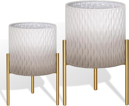 ARNIS Plants Pots with Stand, Set of 2 Indoor Planter Pots, Unique Mid Century Decorative Metal Flower Pots with Drainage,8.25 & 10.5 Inch, Grey and White