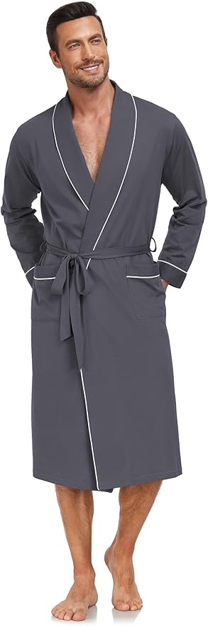 COLORFULLEAF Mens 100% Cotton Robes Lightweight Summer Long Bathrobe Sleepwear Soft Knit Spa Robe with Pockets