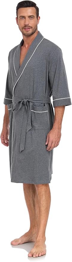 COLORFULLEAF Men's Bathrobes 100% Cotton Soft Comfort Breathable Short Sleeve Summer Kimono Mens Lightweight Robe