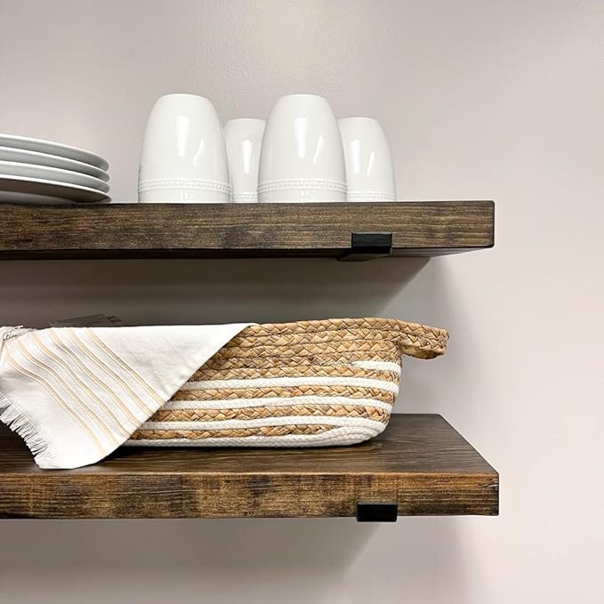 Rustic Shelves with J-Brackets Set of 2, Industrial Shelf, Kitchen Shelves, Solid Wood, Decorative Wall Storage, Heavy Duty, URBANDI (Dark Brown, 24Wx6D)