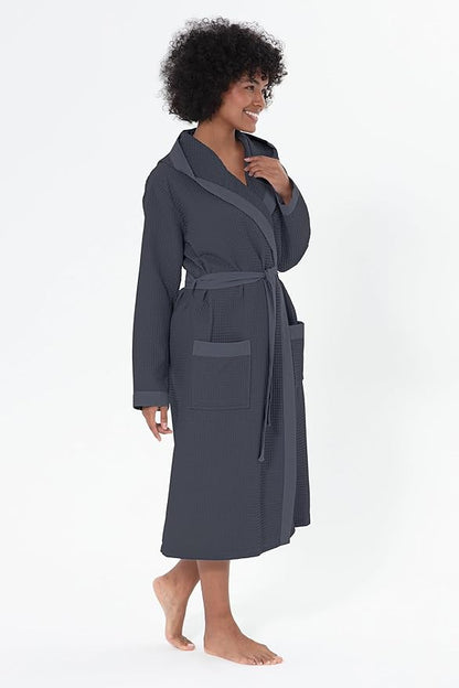 Women’s Luxury Waffle Shawl Collar, Hooded Robe w Piping – Lightweight, Long, Ultra Soft Spa Sleepwear Bathrobe
