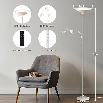 Torchiere Floor Lamp with Wood Grain Shade, 72" Dimmable LED Standing Lamp with Remote, 2-in-1 Floor Reading Lamp with Color Changing, 34W White Corner Lamp for Living Room Bedroom Office