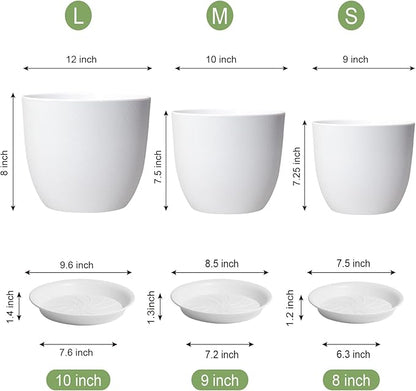 12/10/9 inch Large Plant Pots, 3 Pack Modern Decorative Plastic Planters with Drainage Holes and Saucers, Flower Pots for Indoor Outdoor Plants, White