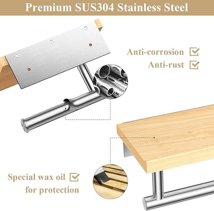 Tindbea Toilet Paper Holder with Wood Shelf, Wooden Wall Mount Tissue Paper Roll Holder, Brushed Nickel Stainless Steel Bathroom Accessories Decor for Home (Maple, Brushed Nickel)