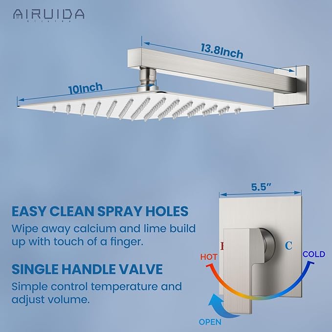 Airuida Shower Faucet Set Bathroom Rain Shower System SUS304 Stainless Steel Single Handle With Male Threads Rough-in Valve Shower Trim Kit 10 Inch Wall Mount Shower Head Brushed Nickel