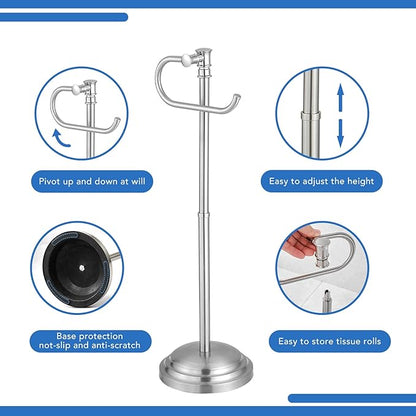 RUMOSE Toilet Paper Holder Stand for Floor, Brushed Nickel Adjustable (12.4" to 22.8") Bathroom Toilet Tissue Holder, Free Standing Toilet Paper Roll Holder with Storage, Stainless Steel